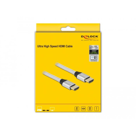 Кабел Delock Ultra High Speed,HDMI мъжко - HDMI мъжко, 48 Gbit/s, 8K 60 Hz, 2 м, Сребрист