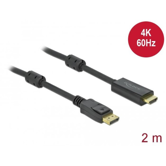 Кабел Delock DisplayPort мъжко - HDMI мъжко, 2 м., 4K 60Hz, Черен