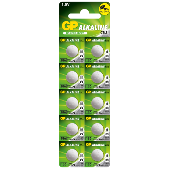 Button alkaline battery GP186 AG12 LR43 / 10 pcs. / Pack price for 1 pc. / 1.55V GP