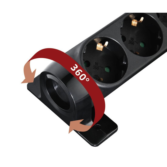 Разклонител HAMA, Въртящ се, 6 гнезда, 1.4м, Защита от пренапрежение, Бутон вкл/изкл, 360°, Черен