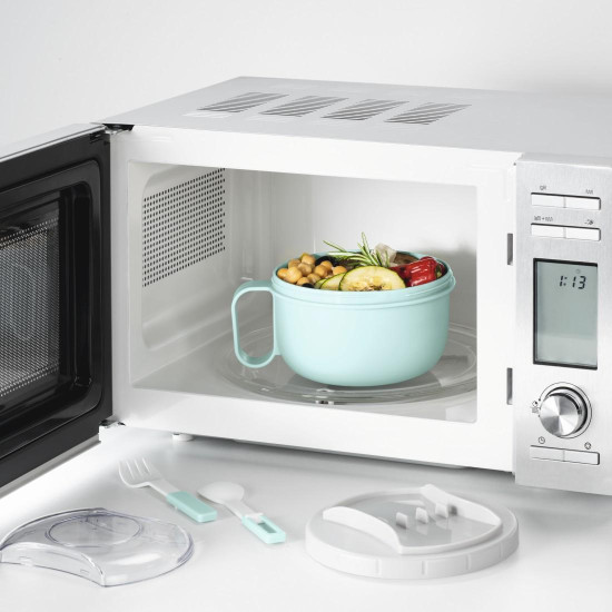 Xavax Round Lunch Box, for Microwave, with Cutlery, 1100 ml, pastel blue / grey