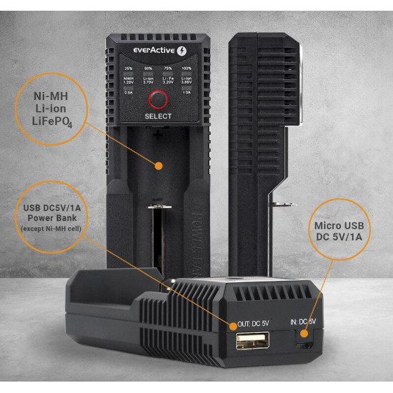 Charger  for  LiIon/NiMh batteries 3,7v/1.2v universal 1 plate USB micro UC-100 EverActive