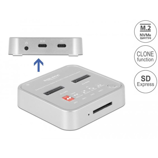 Delock Docking Station for 1 x M.2 NVMe SSD + 1 x M.2 SATA SSD with SD Express (SD 7.1) Card Reader and Clone Function