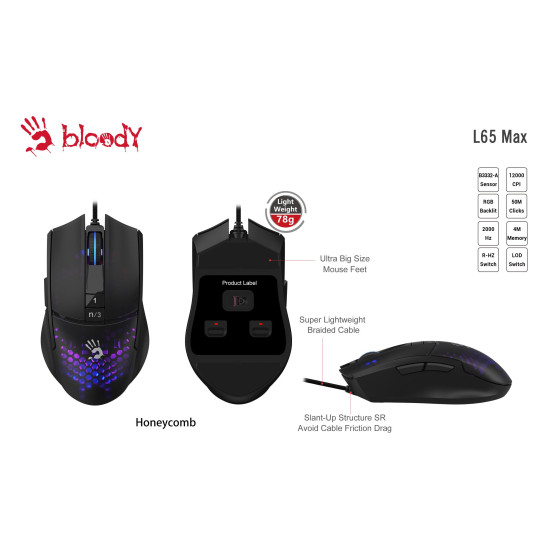 A4tech Lightweight gaming mouse Bloody L65 Max, 12000 cpi, Honeycomb, Black