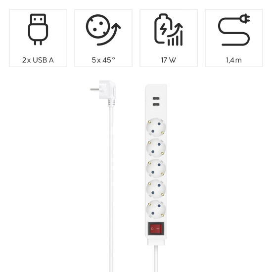Разклонител HAMA USB 3.4A, 5 гнезда, 2x USB, 3400mA, 223183