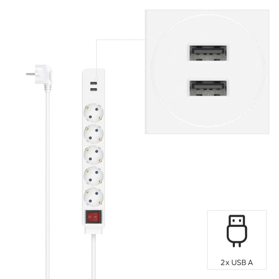 Разклонител HAMA USB 3.4A, 5 гнезда, 2x USB, 3400mA, 223183