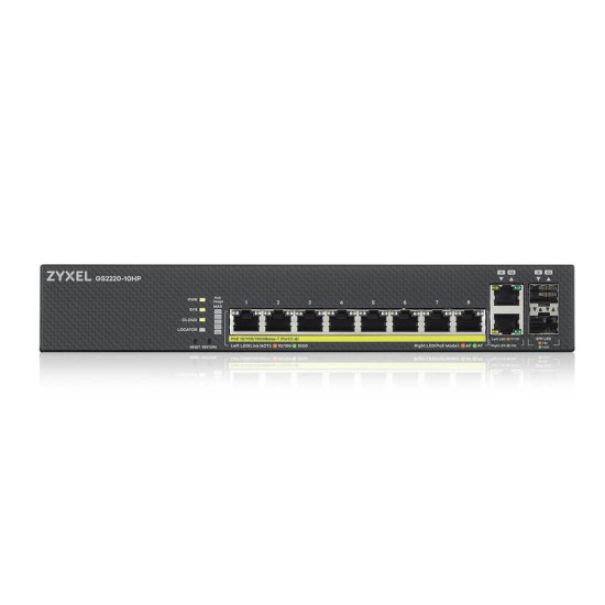Суич ZyXEL GS-2220-10HP, 10 портов Layer2+, 8x Gigabit PoE + 2x Gigabit combo (RJ45/SFP), управляем
