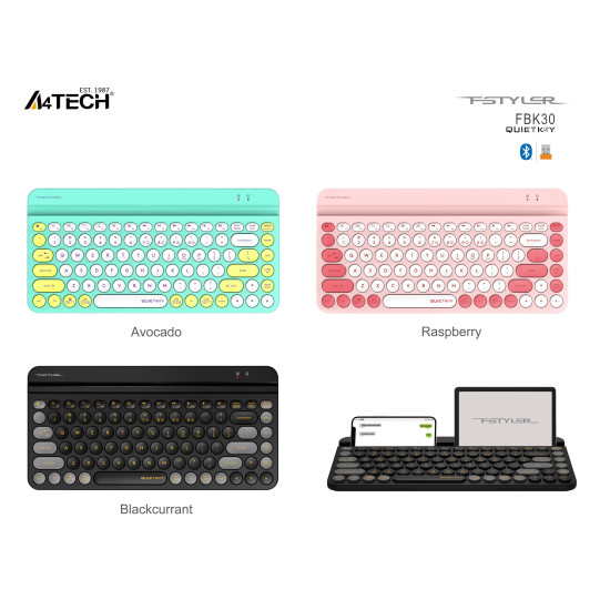 Wireless Keyboard A4TECH FBK30, Bluetooth & 2.4G, Avocado, Smartphone Cradle