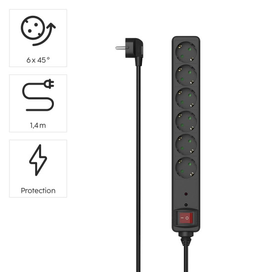 Hama Power Strip, 6-Way, Overvoltage Protection, Switch, 1.4 m, black, 223153