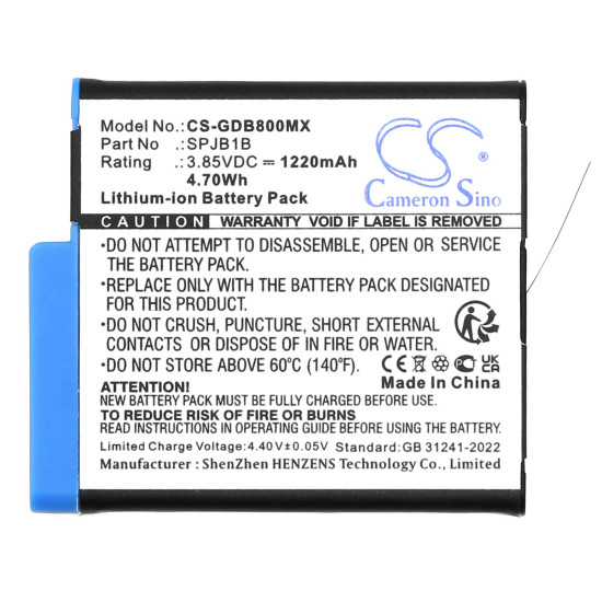 Camera Battery for GOPRO Hero 5; HERO 6; Hero 7; Hero 8  AABAT-001  3,85V 1220mAh   LIIon Cameron Sino