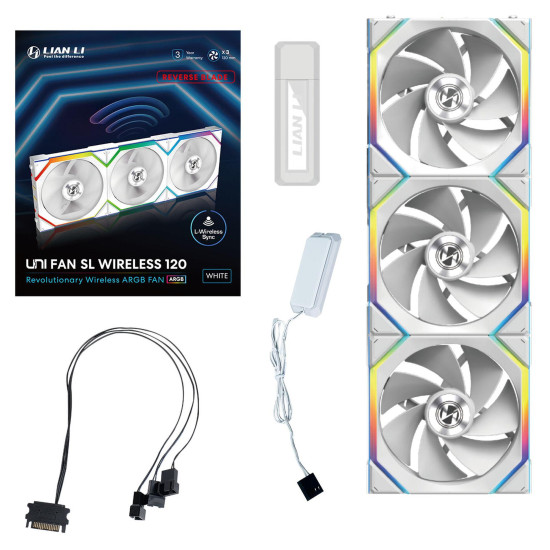Triple Pack Lian Li UNI FAN SL Wireless ARGB PWM Reverse Blade - 120 mm White + Controller