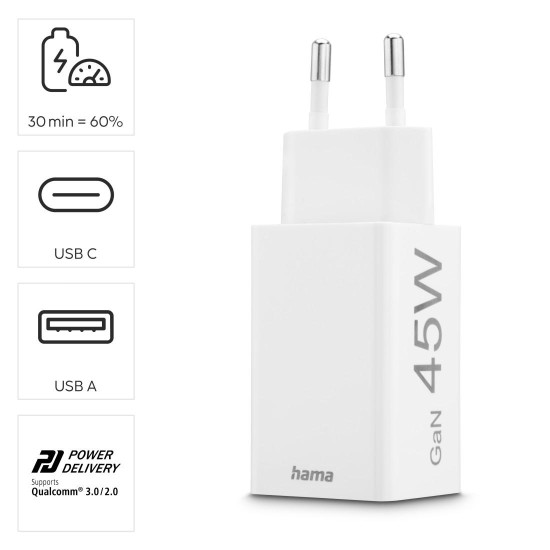 Hama Fast Charger, 1x USB-C, 1x USB-A, Mini Charger, PD, 45 W, white