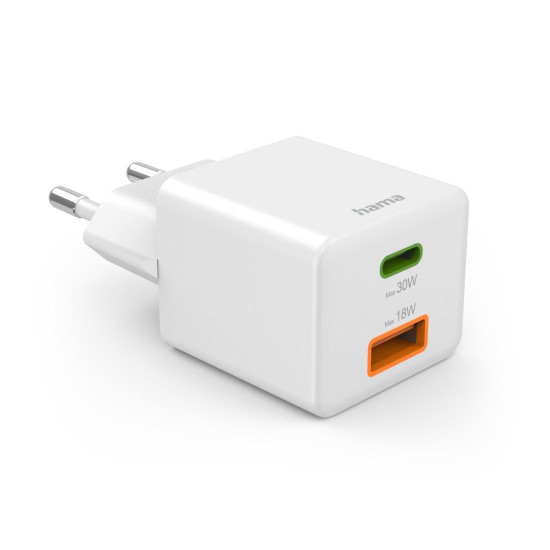 Hama Fast Charger, 1x USB-C, 1x USB-A, Mini Charger, PD, 30 W, white