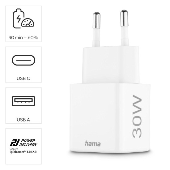 Hama Fast Charger, 1x USB-C, 1x USB-A, Mini Charger, PD, 30 W, white