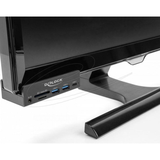 Delock External USB 5 Gbps 3 Port Hub 2 x USB Type-A, 1 x USB Type-C™ and 2 Slot Card Reader with Locking Screw