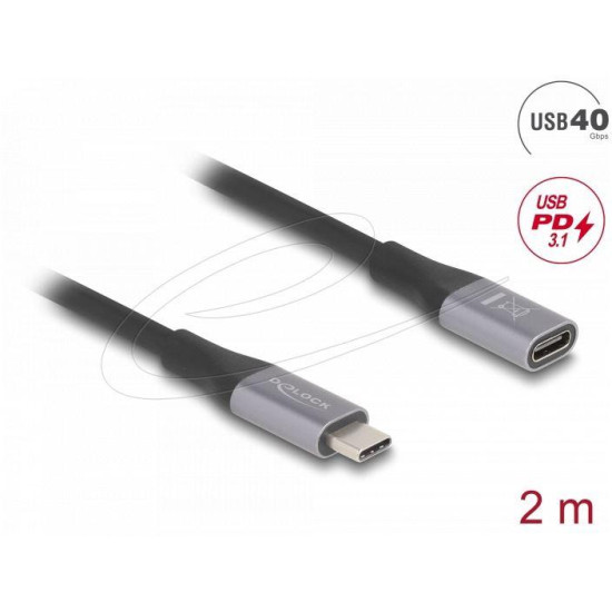 Delock Удължителен кабел USB-C, 40 Gbps, PD 240W, 2 м, сив