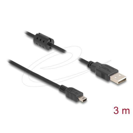 Delock Cable USB 2.0 male to mini-B USB 2.0 male, double shielded, transfer rate up to 480 Mb/s, 3.0 m, Black