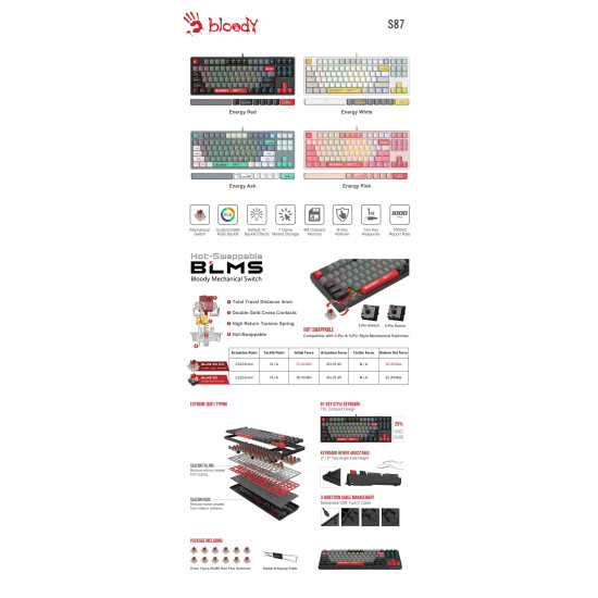 A4tech Gaming Mechanical Keyboard Bloody Energy Pink S87 BLMS TKL RGB Backlit red switch, USB