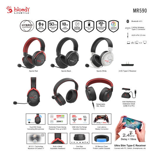 A4tech Bloody MR-590 Gaming wireless headphones with microphone, Bluetooth 3.5mm jack, black