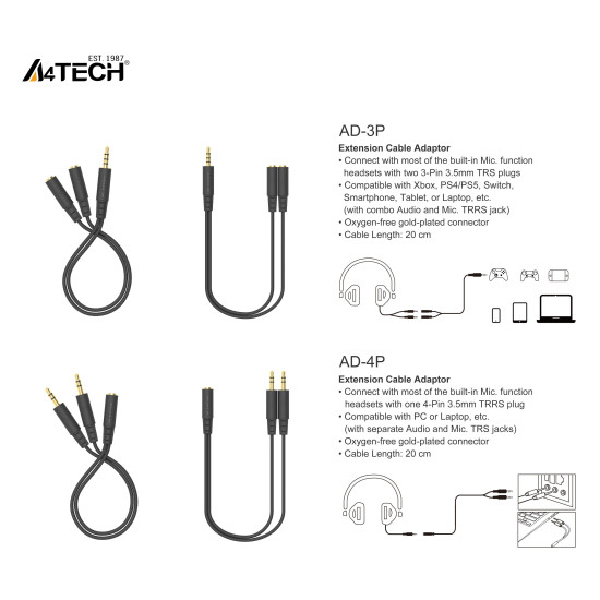 A4Tech Adapter AD-3P 3.5mm jack male - 2 х 3.5mm jack female