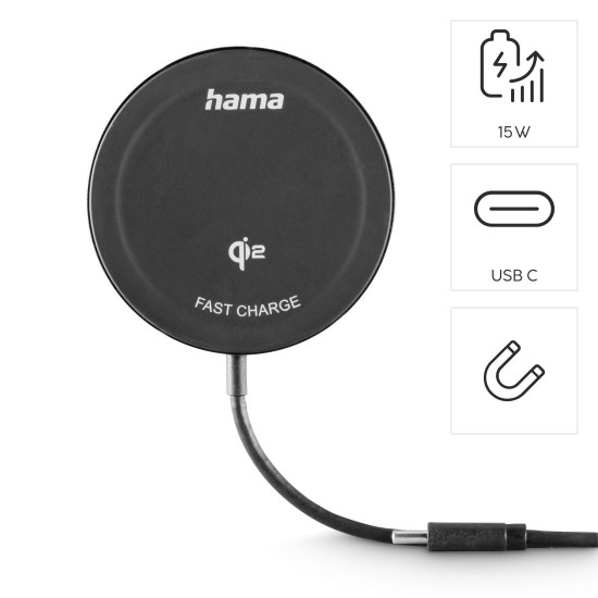 Hama Wireless Qi2 Charger, Inductive Charging Pad, Fast Charging, 15 W, black