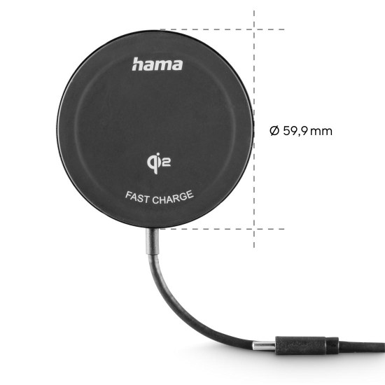 Hama Wireless Qi2 Charger, Inductive Charging Pad, Fast Charging, 15 W, black