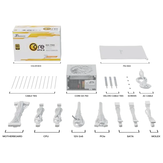 Захранващ блок Seasonic CORE GX White 750W 80+ Gold, Fully Modular, ATX 3.1, PCIe 5.1