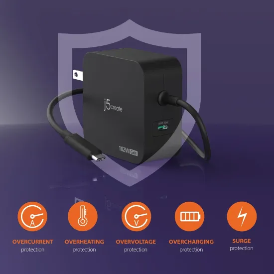 j5create JUP25102V Зарядно 220V-  GaN 102W  USB-C 2порта- за лаптопи, таблети, телефони