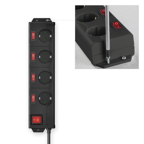 Hama Power Strip, 4-Way, 90°, Individually Switchable, Wall Mounting, 1.4 m, blk.