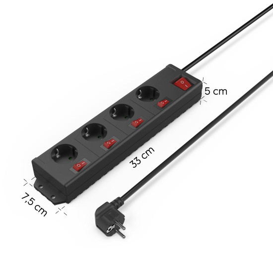 Hama Power Strip, 4-Way, 90°, Individually Switchable, Wall Mounting, 1.4 m, blk.