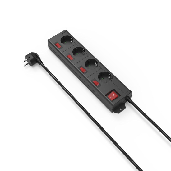 Hama Power Strip, 4-Way, 90°, Individually Switchable, Wall Mounting, 1.4 m, blk.