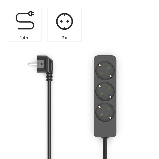 Hama 3-Way Power Strip, with Incr. Touch Protect., 1.4 m, black