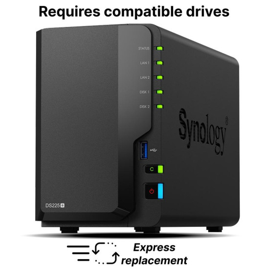 Мрежов сторидж Synology DS225+, за 2 диска, Intel Celeron J4125 , 2GB DDR4 SODIMM