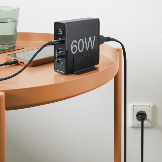 Hama 4-Port Charging Stn, Fast Charger, 2x USB-C, 2x USB-A, PD, 60 W, blk