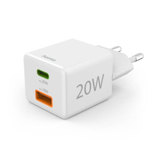 Hama Fast Charger, 1x USB-C, 1x USB-A, Mini-Charger, PD, 20 W, white