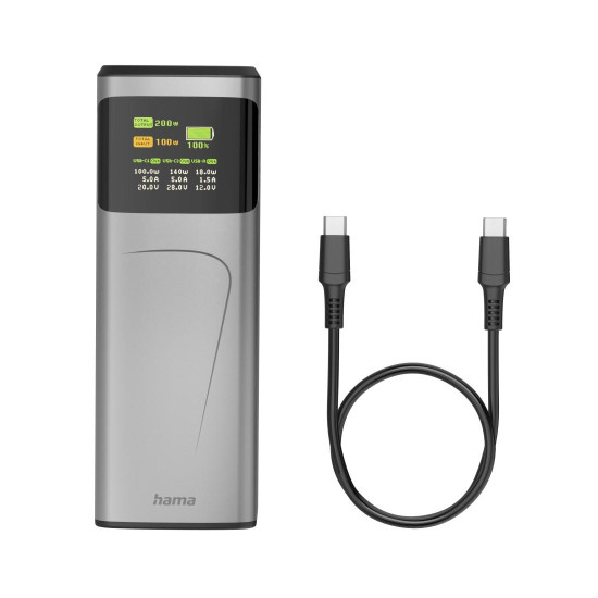 HAMA Външна батерия „High Power“, 200 W, 24000 mAh, 2x USB-C, USB-A, бързо зареждане