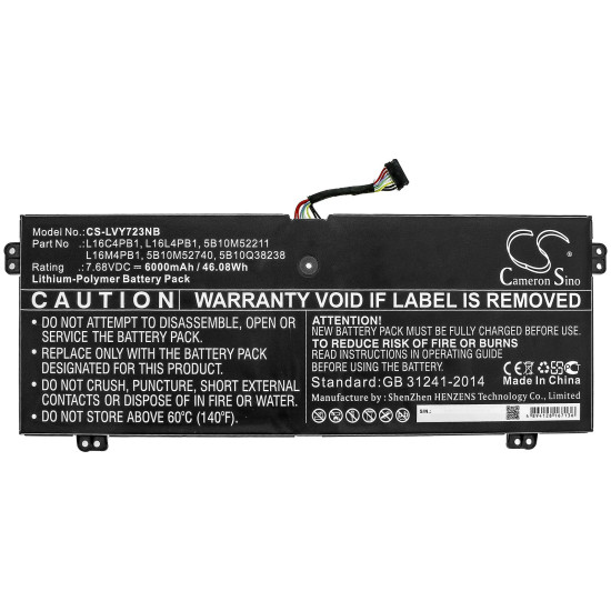 Laptop Battery for LENOVO YG 720-13IKB 80X6006PAU, Yoga 720-13IKB 80X6001QGE, Yoga 730-13IKB, L16C4PB1 LiPo  7.68V 6000mAh  CAMERON SINO
