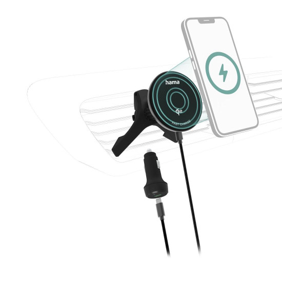 Hama Wireless Qi2 Charger, Inductive Fast Charging in the Car, 15 W, black
