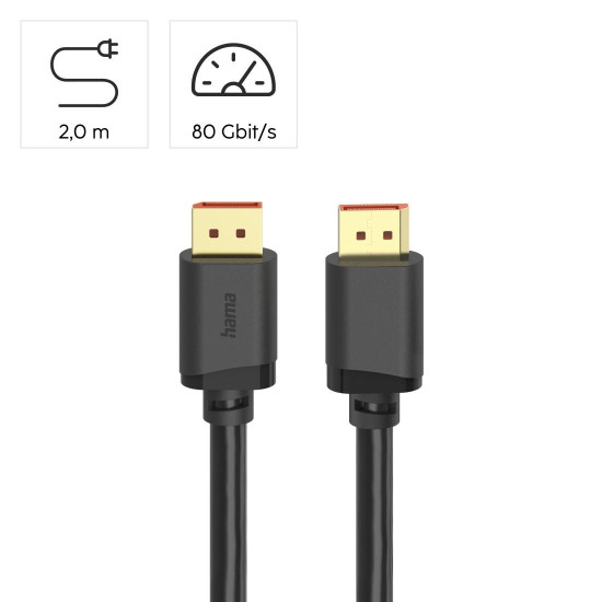 Hama DisplayPort Cable, DP 2.1, Ultra-HD 16K, 80 Gbit/s, 2 m
