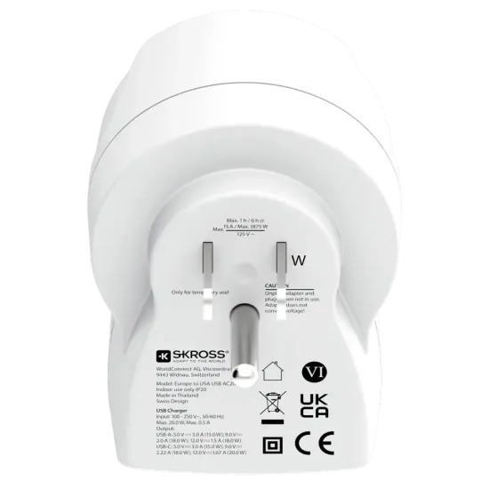 Skross 1500284E Travel adapter Europe to USA+1xUSB A/C, 20W
