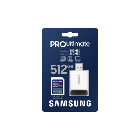 Карта памет Samsung PRO Ultimate Full-Size, SDXC UHS-I, 512GB, U3, V30, USB Адаптер