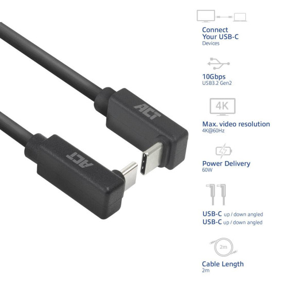 ACT Кабел USB-C - USB-C, 2м, 10Gbps 60W, ъглов нагоре/надолу