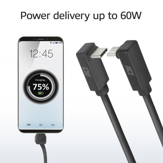 ACT Кабел USB-C - USB-C, 2м, 10Gbps 60W, ъглов нагоре/надолу