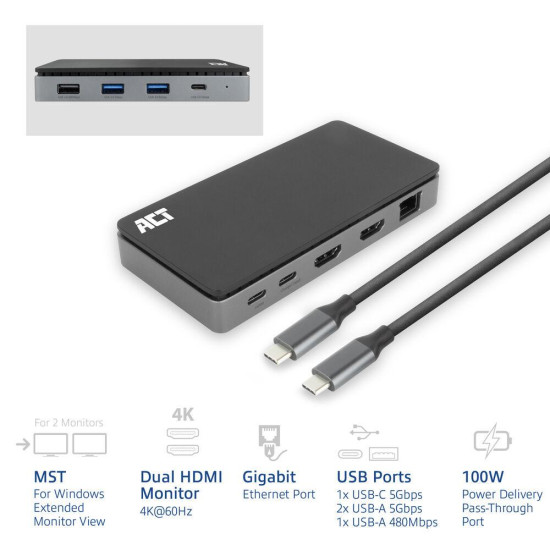 ACT Docking station USB-C 4K MST, Ethernet, USB-C, 3x USB-A, PD
