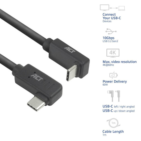 ACT USB 3.0 10Gbps 60W USB Type-C® (left/right angled) to USB Type-C® (up/down angled) Cable, 1 meter