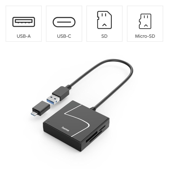 HAMA Card reader USB, USB-A, с USB-C adapter, USB 3.2 Gen1, SD/micro-SD/CF/MS