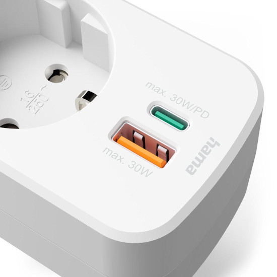 Hama 3-Way Power Strip for Socket, 1 USB-C PD, 1 USB-A, 1 Earthed Contact, 30W