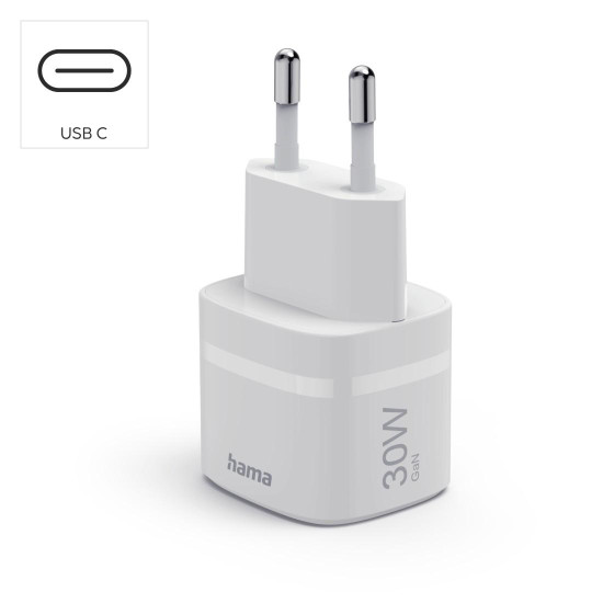 HAMA Зарядно устройство, 30 W, GaN, USB-C, PD/Qualcomm®, Zero Standby, бяло
