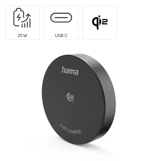 Hama Wireless Qi2 25W Charger, Inductive Charging Pad, Fast Charging, black