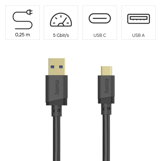 Hama USB Cable, USB-A Plug – USB-C Plug, USB 3.2 Gen 1, 5 Gbit/s, 0.25 m